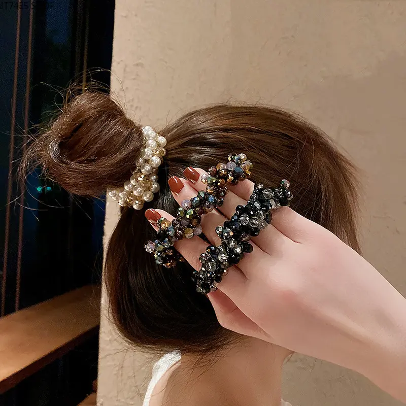 Korean Trend Pearl Crystal Hair Ties, Minimal Elegant Elastic Ponytail Scrunchies for Girls Daily Use
