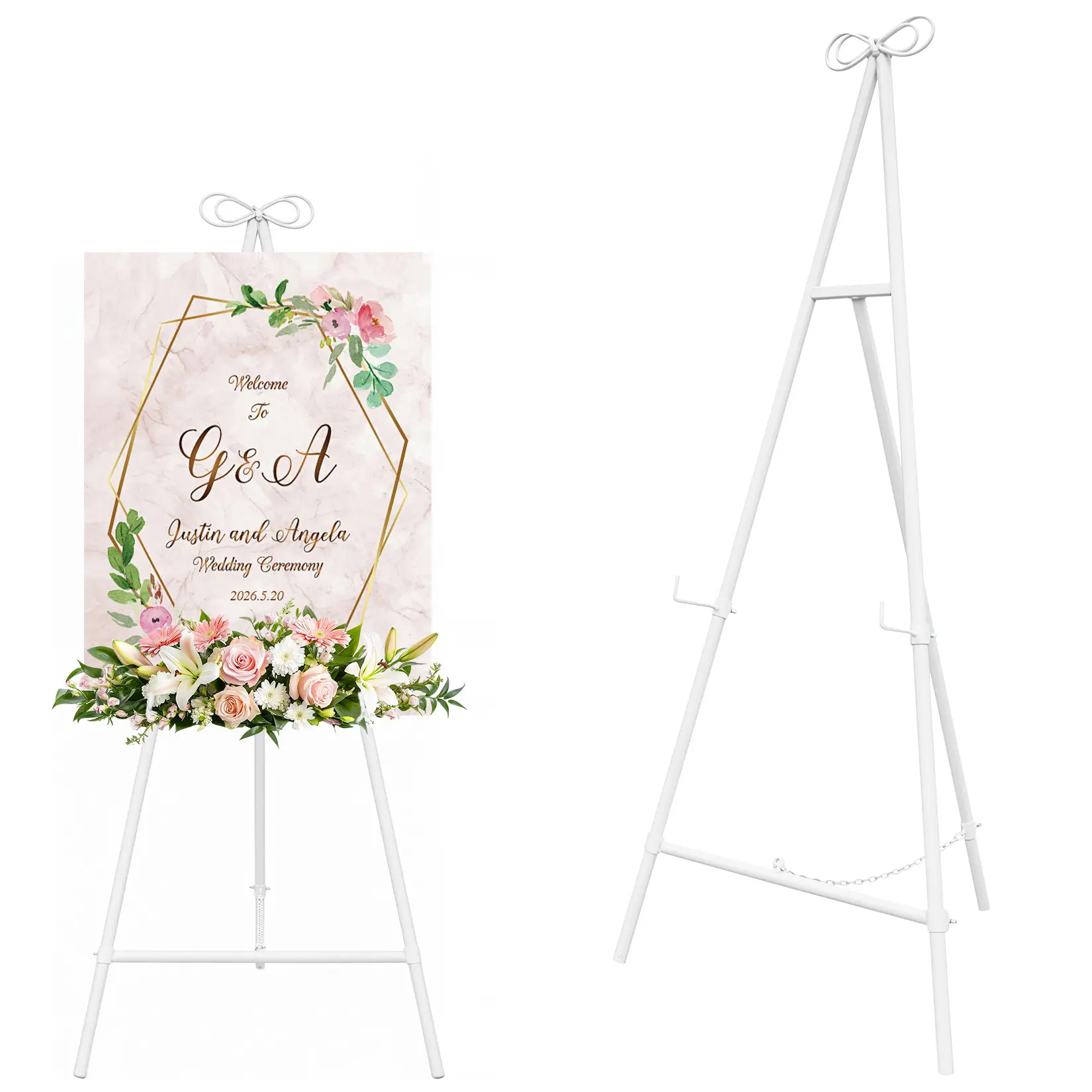 Tall Gold Bow Metal Easel Stand, Adjustable Heavy-Duty Sign Display Stand for Wedding Welcome Signs, Art & Party Decor, Holds Up to 40lbs