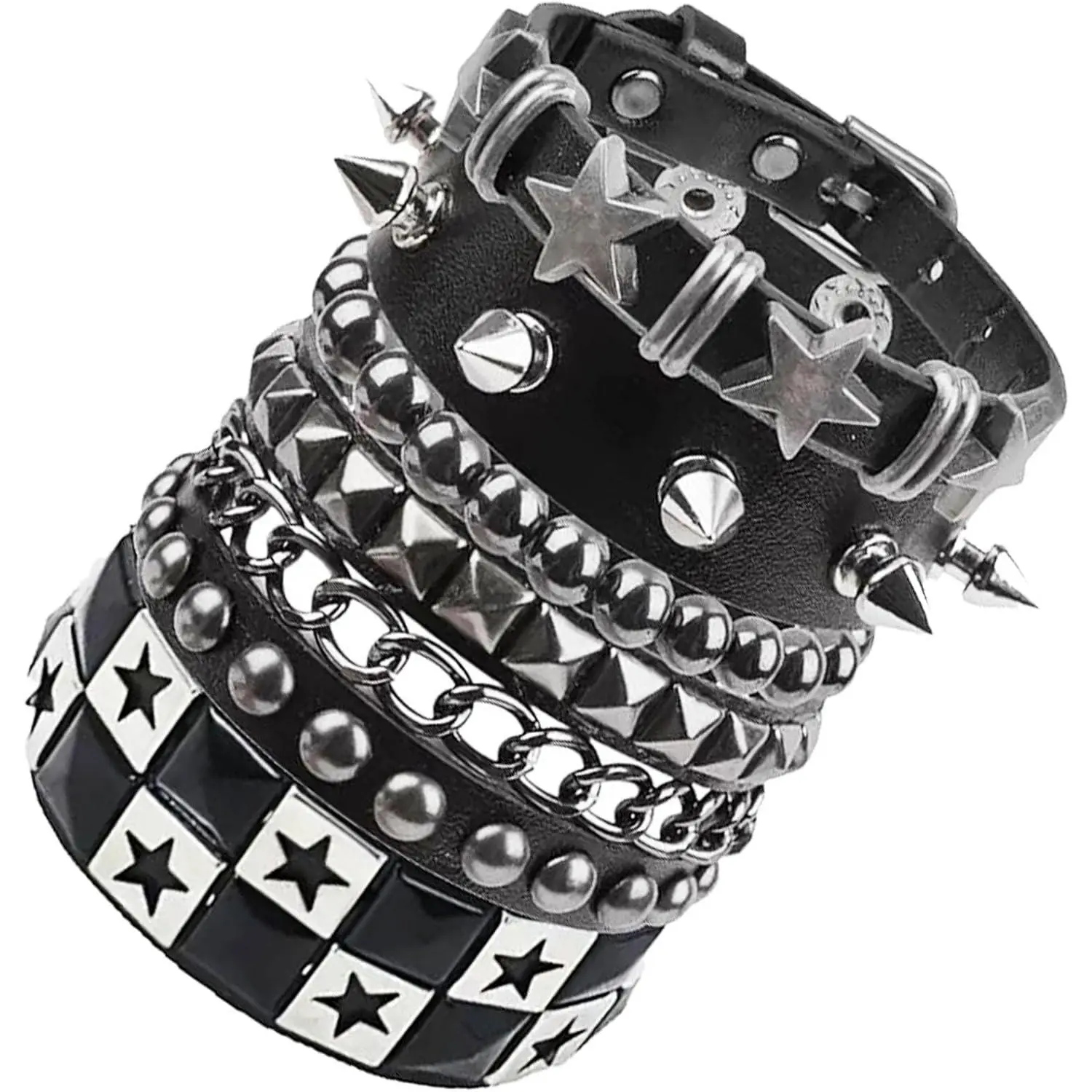 5 count Punk Studded Bracelet Spiked Bracelets for Men Women | Made with Leather and Stainless Steel, Y2K Goth Accessories  Black