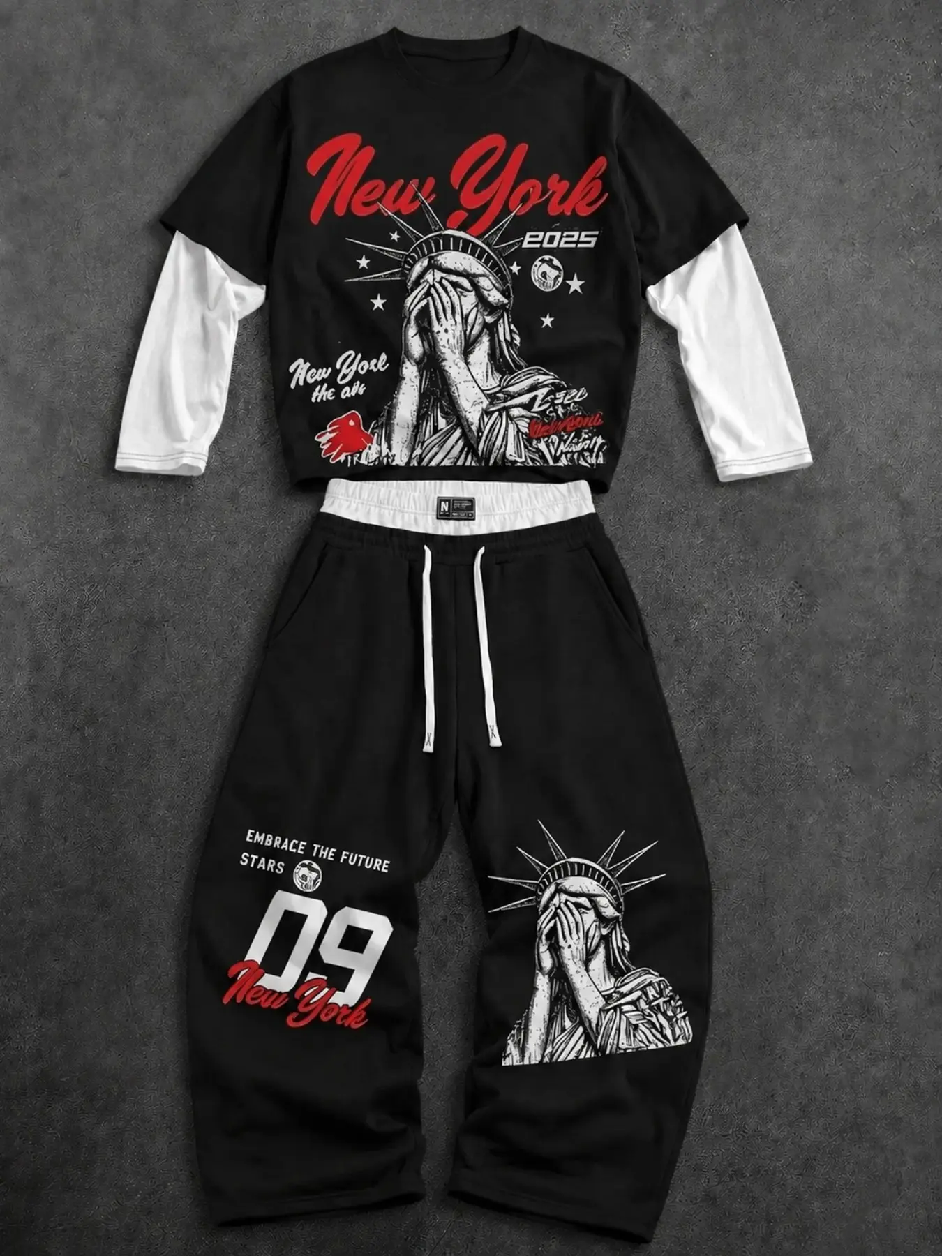 Men Y2K American Retro Two Piece Outfits, NYC Statue of Liberty Letter Print Fake Layer Long Sleeve Tee & Elastic Waist Loose Sweatpants Set, Lightweight Skin Friendly Tracksuit, Activewear, Hip Hop Daily Lounge Spring Autumn Casual Wear For Teen Men