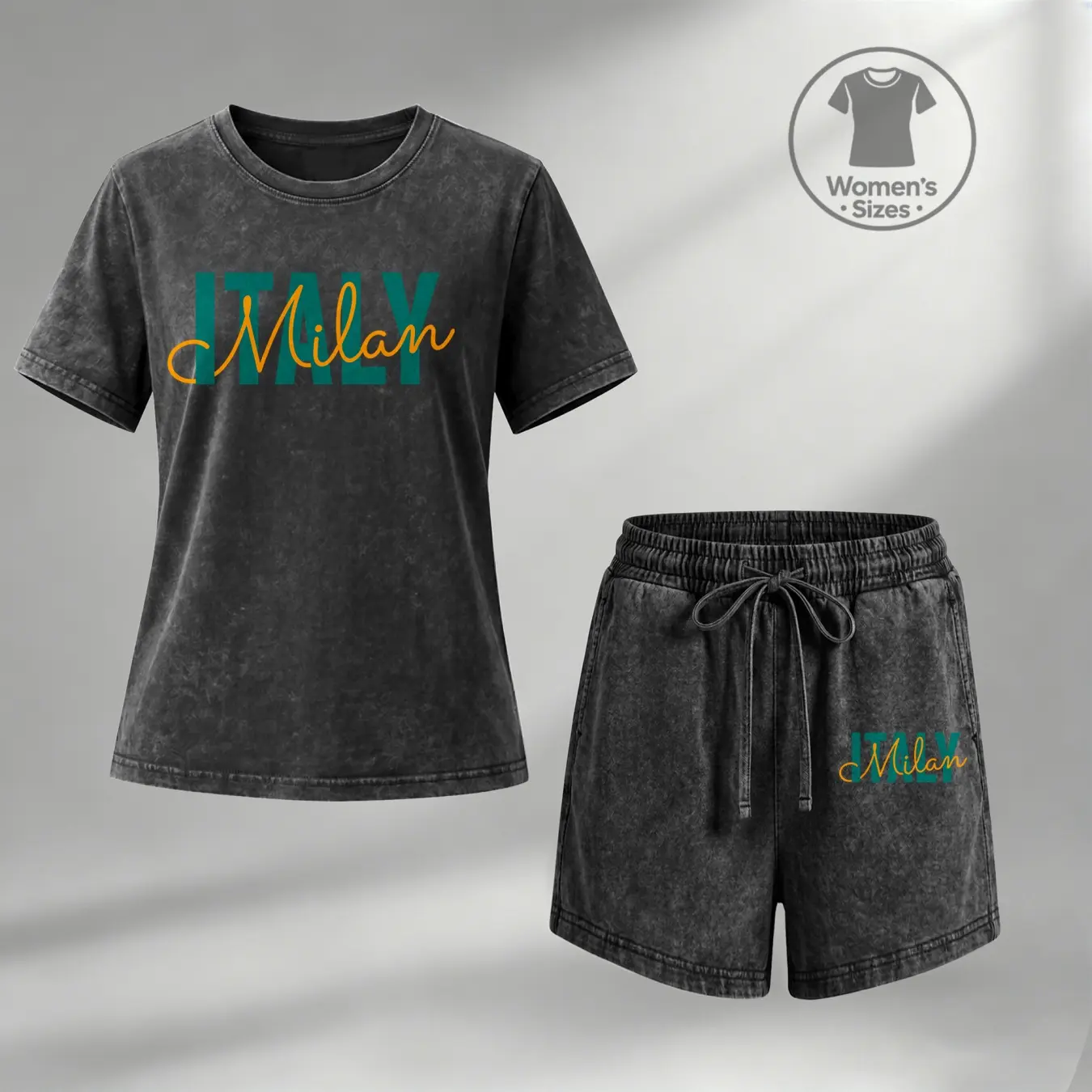 Women’s 100% Cotton Washed 2 Piece Shorts Set, Milan Letter Graphic Crew Neck Short Sleeve T Shirt and Drawstring Shorts, Soft Breathable Casual Summer Lounge Outfit