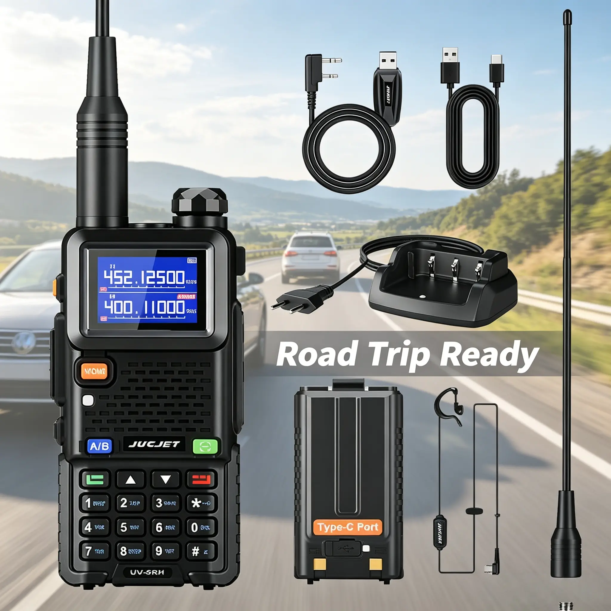 JUCJET UV-5RH Pro Walkie Talkie with Bluetooth Connection, Dual-Band Handheld Transceiver with 1-Key Sync & USB-C Charging, Water-Resistant Radio for Camping Offroad