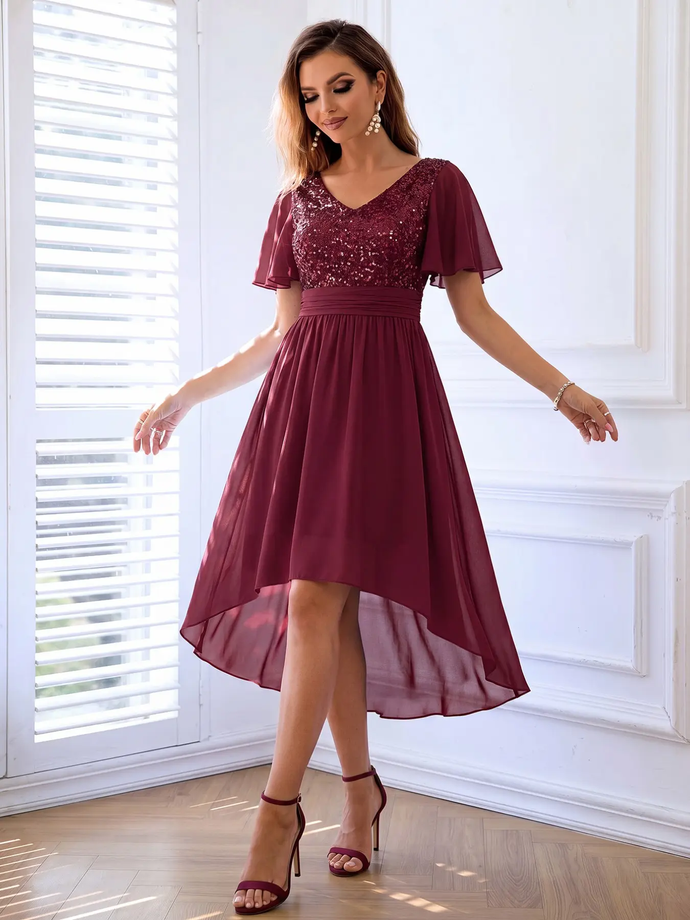 Double Layer Ruffle Sleeve Sequin Dress, Soft Party Style, Elegant, Chic, Deep V Neck, High Waist, Asymmetrical Hem, Long Dress for Birthday Parties