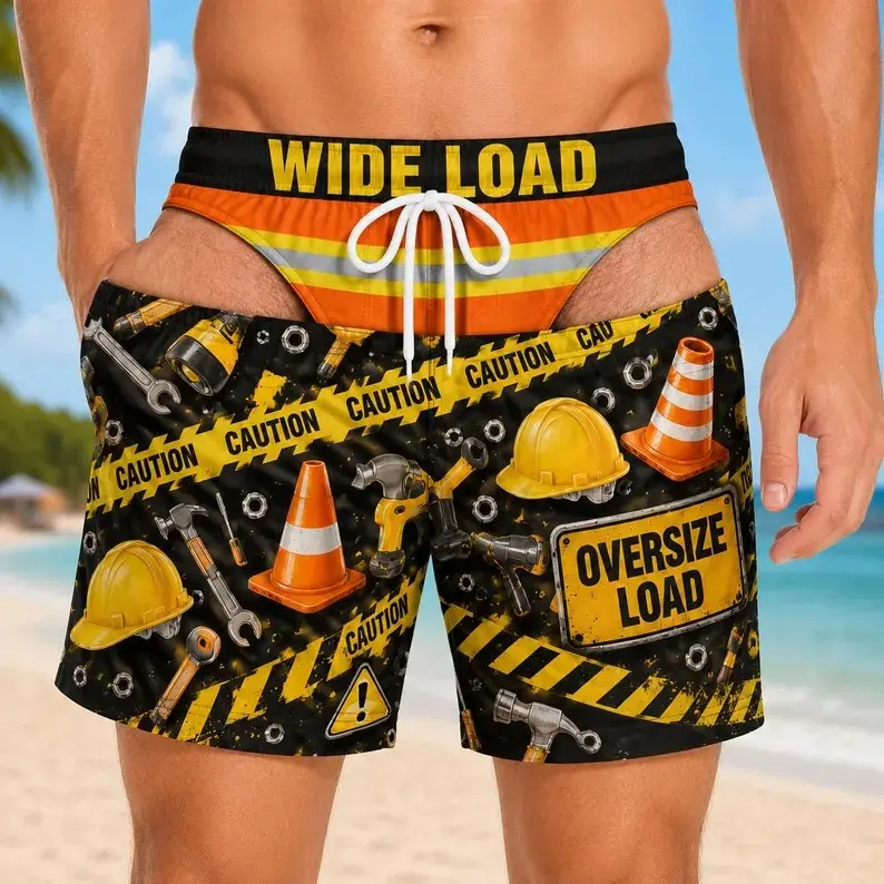 Custom Construction Beach Shorts, Funny Worker Swim Trunks for Men, Construction Worker Gift, Jobsite Party, Summer Beach Outfit Fun Gift # TikTokMadeMeBuyIt # HalloweenSwimTrunks # SpookyBeachwear # CustomBeachShorts # GiftForHim # SummerTravelGift