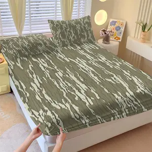 Vintage Green Bark Camo Fitted Sheet Set, 1 Fitted Sheet + 2 Pillowcases, Deep Pocket Non-Slip Mattress Protector, Soft Breathable All Season Bedding, Neutral Camouflage Bedding For Men Cabin Bedroom Decor