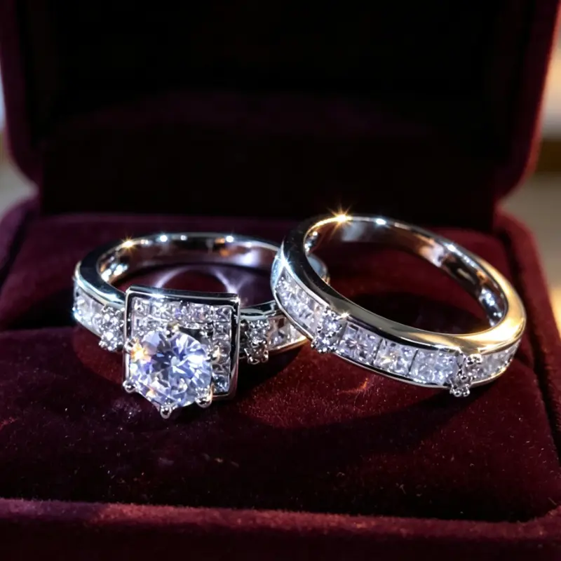 Square Frame Halo Two‑Piece Bridal Ring Set, Round Center Stackable Wedding Band Kit, Baguette Pave Finger Rings for Women Valentine Christmas Anniversary Gift