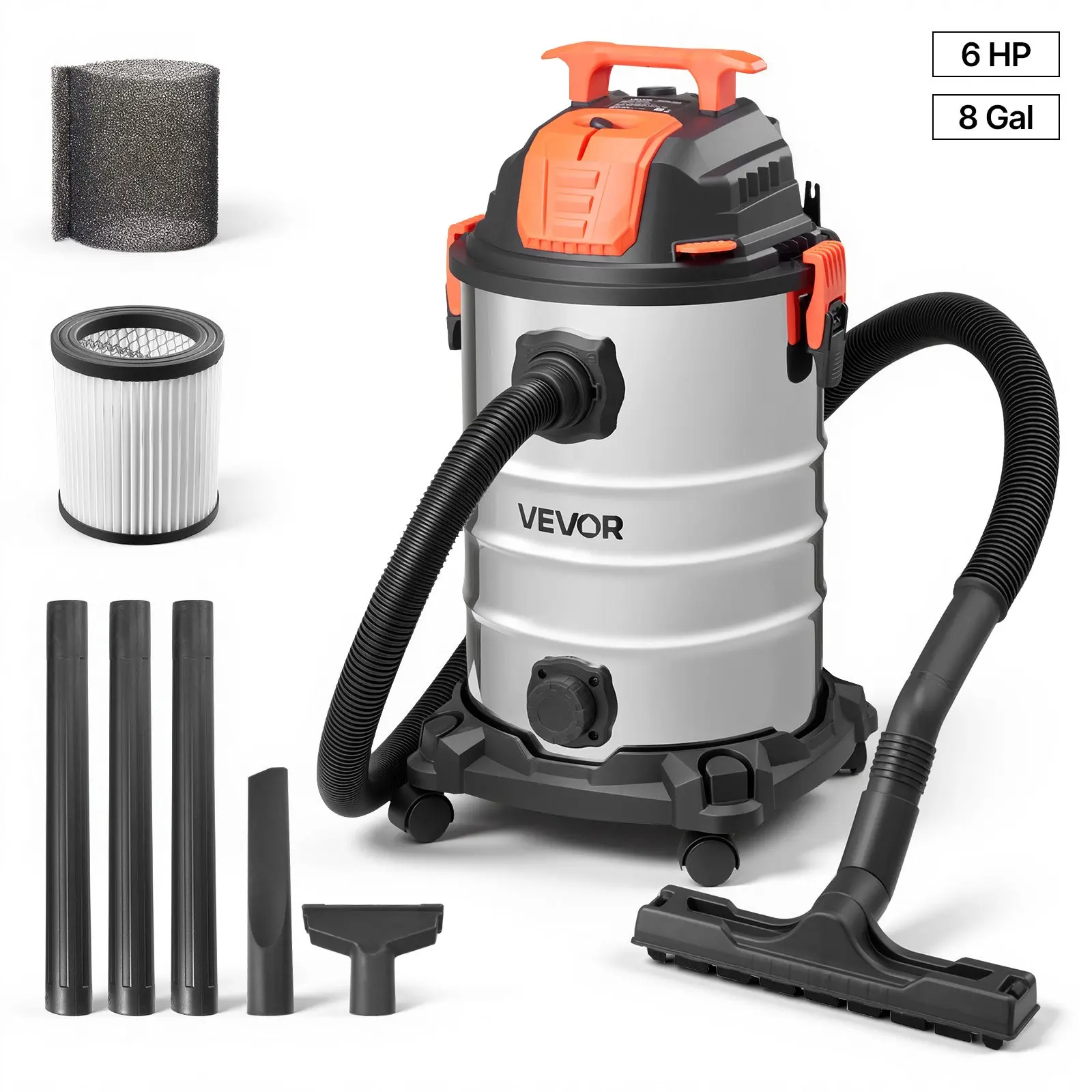 VEVOR Shop Vac, 8 Gallon Wet Dry Shop Vacuum, 6 Peak HP with One-Button Self-Cleaning, Dual-Filter, 900W Input Power, 1.25in x 7ft Hose, 9.8ft Cord, Metal Tank for Jobsite, Workshop, Garage, Home
