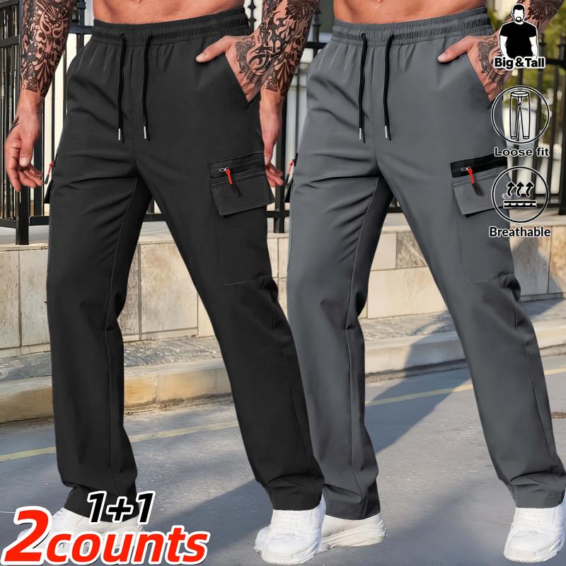 Big & Tall Men’s 2-Piece Cotton Blend Universal Sport Jogger Pants - Male Clothing, Elastic Lightweight Quick-Drying Hiking Bottoms, Mock-Zip Multi-Utility Compartments, Customizable Waist Drawstring, Trekking Gear for Summer Trekking, Casual Getaways