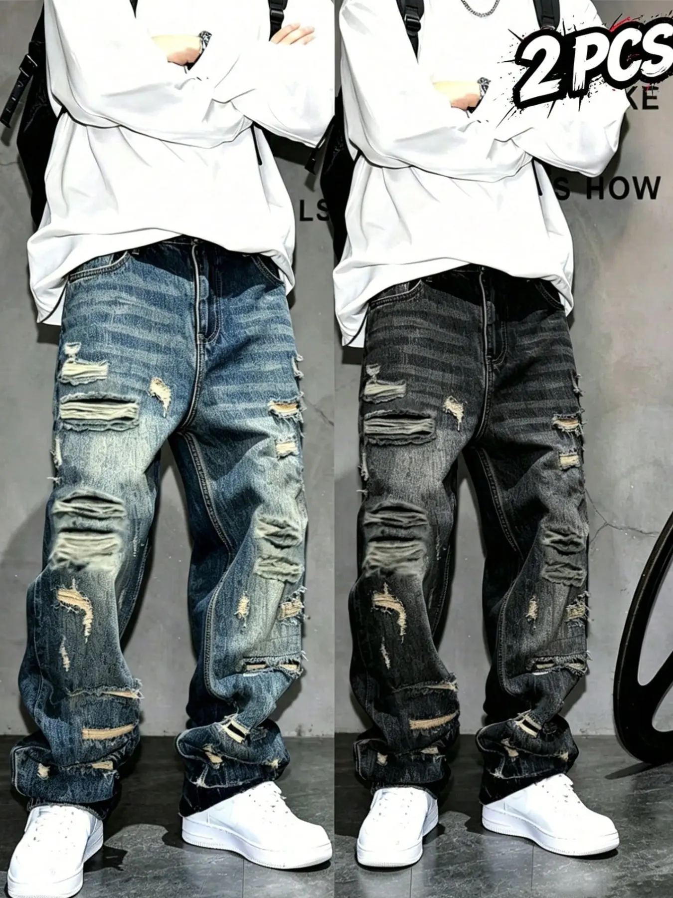 Two-Piece American Ripped Denim Jeans for Men, High Street Loose Straight Fit, Distressed Baggy Pants, Wide Leg Pants, All Seasons
