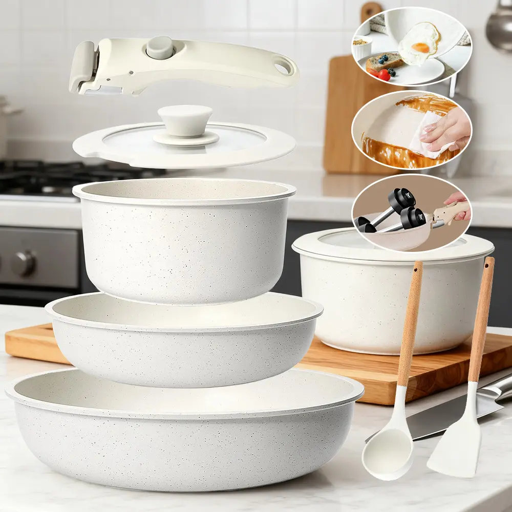 7-Piece Nonstick Pots and Pans Set - Frying Pan Included, Stackable, Glass Lid Compatible, Removable Handle, Induction Safe, Dishwasher & Oven Safe Kitchen Cookware Set, Cover, Oil