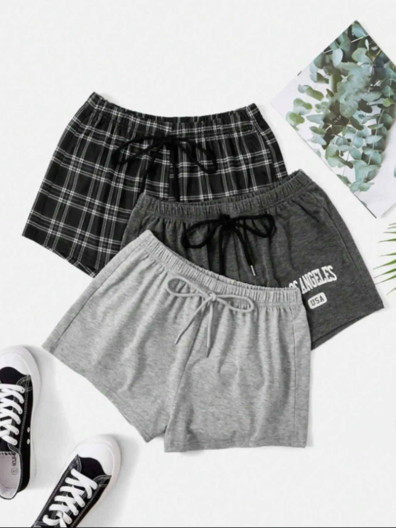 Women's 3pcs Elastic Waist Plaid Sleep Shorts, Casual Comfy Drawstring Waist Sleeping Shorts Loungewear for Daily Indoor Wear, Women's PJ Bottoms for All Seasons, Summer Outfits 2024