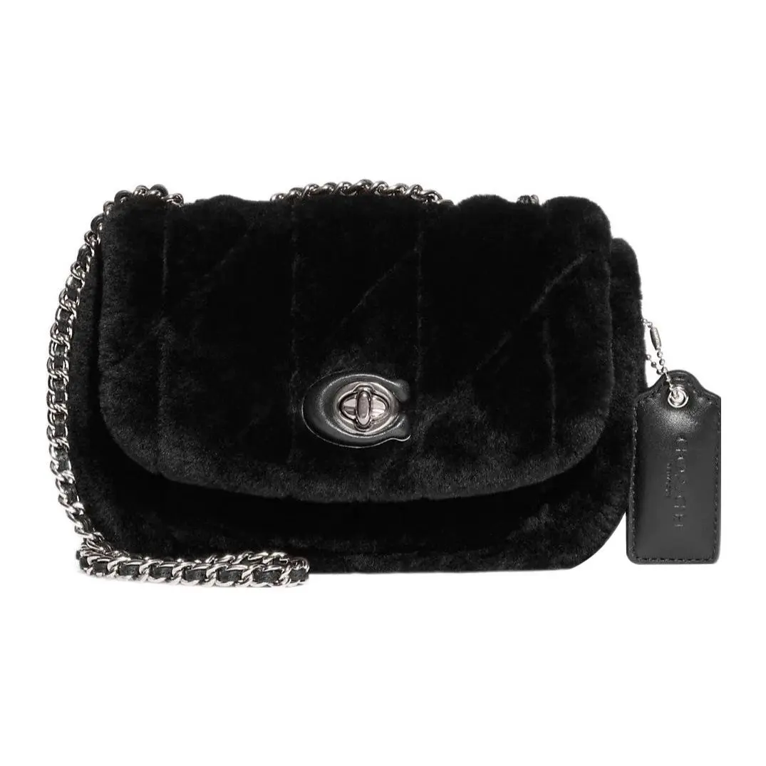 COACH Pillow 20 Satchel with Twist Lock Closure – Wool Suede and Smooth Leather Handbag for Women, Black