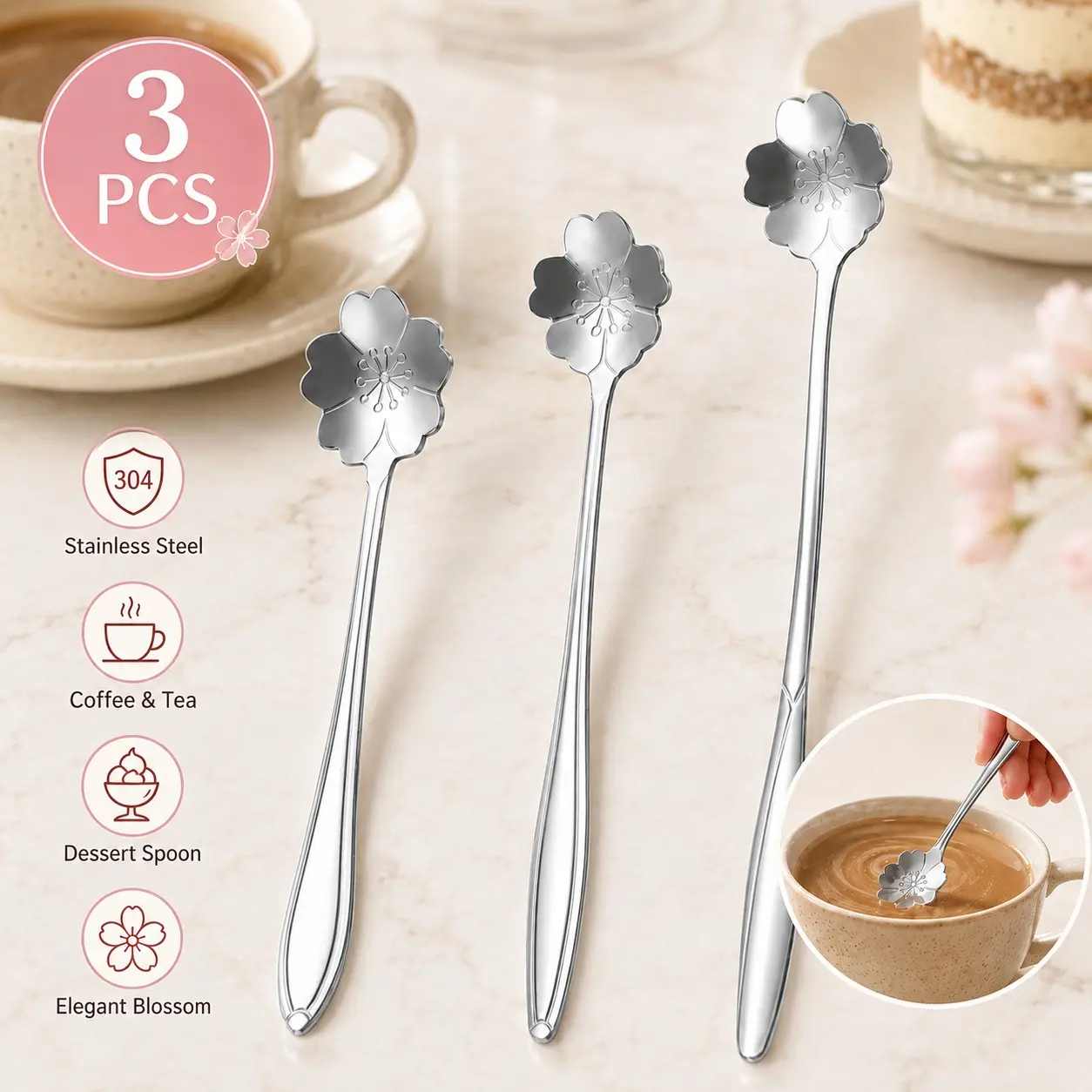 Sakura 3-Piece Silver Stainless Steel Long-Handled Flower-Shaped Teaspoons, 5/6/7-inch Stirring Spoons, Ice Cream Scoops, Spoons Set, Suitable for home, workplace, bar; ideal for coffee, afternoon tea, cocktails
