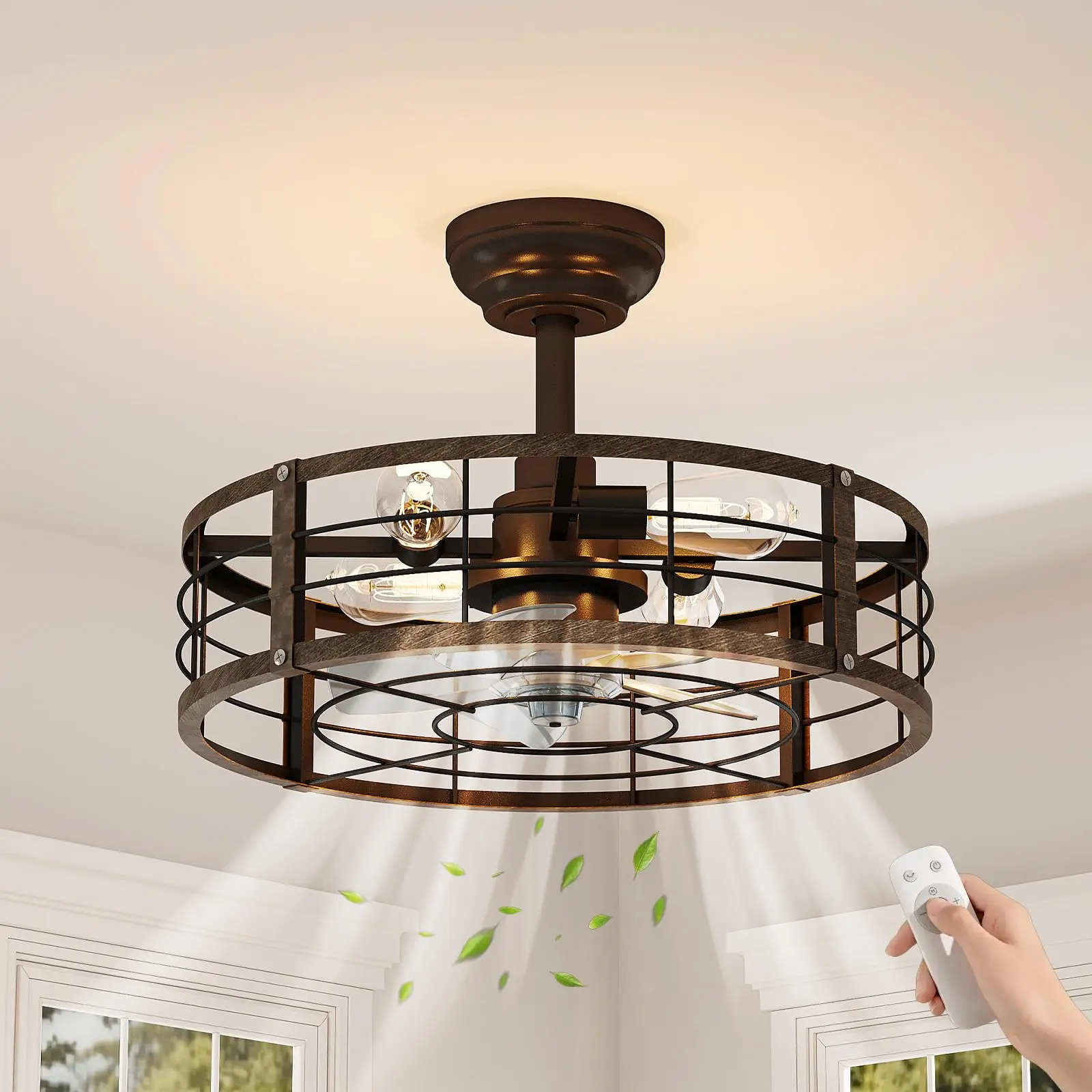 【Summer Sale】Flash sale home items Bladeless Flush Mount Ceiling Fan with Light – 20 Inch Modern Farmhouse Fandelier, Remote, Dimmable LED, 3 Color, 6-Speed, Black & Brushed Finish, Indoor Decor, Size: 20 Inches