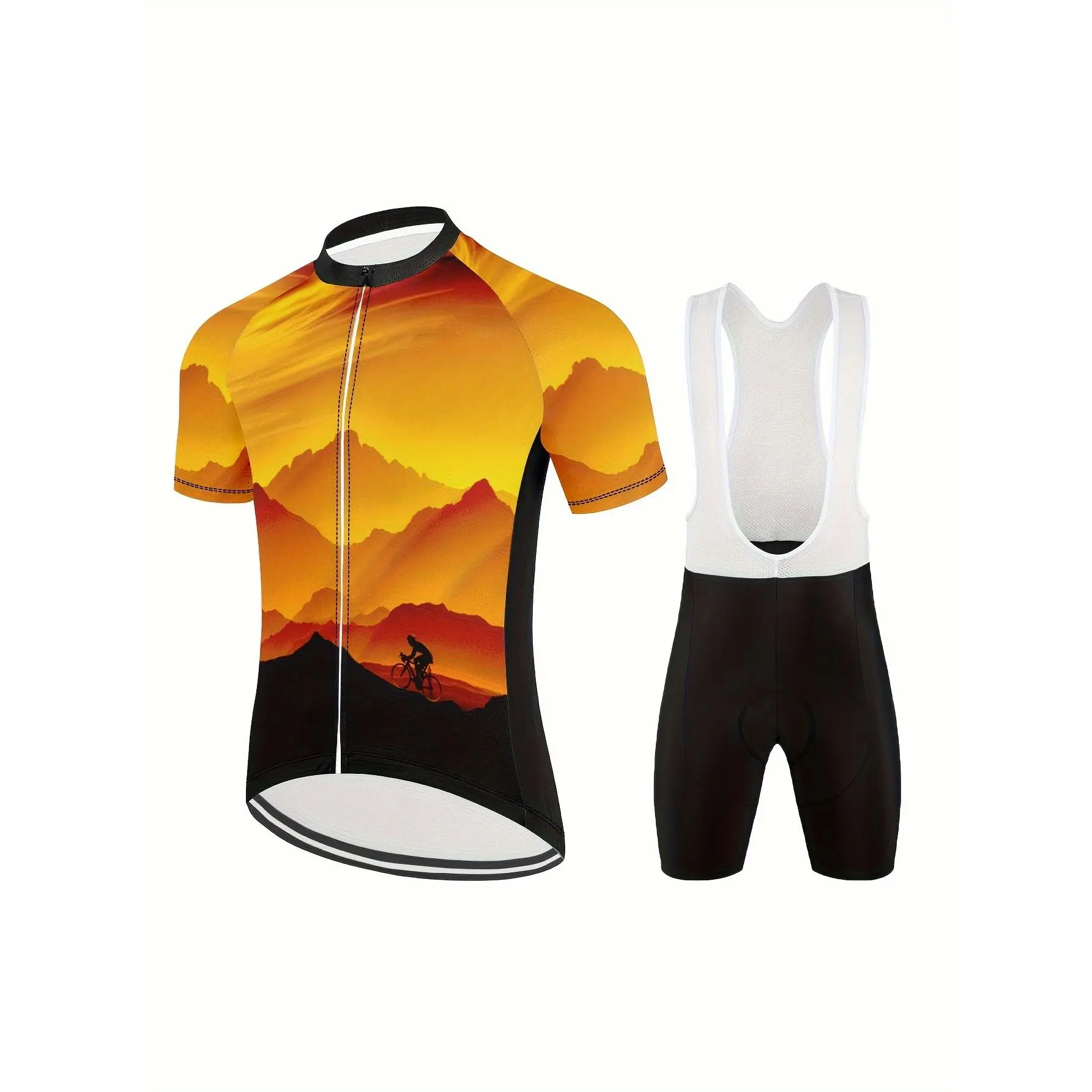 Men's short-sleeved cycling suit, bicycle riding suit set, mountain bike jacket, 3D printed sunset mountain scenery pattern, mountain road cycling suit, breathable and quick-drying cycling suit, 3 rear pockets