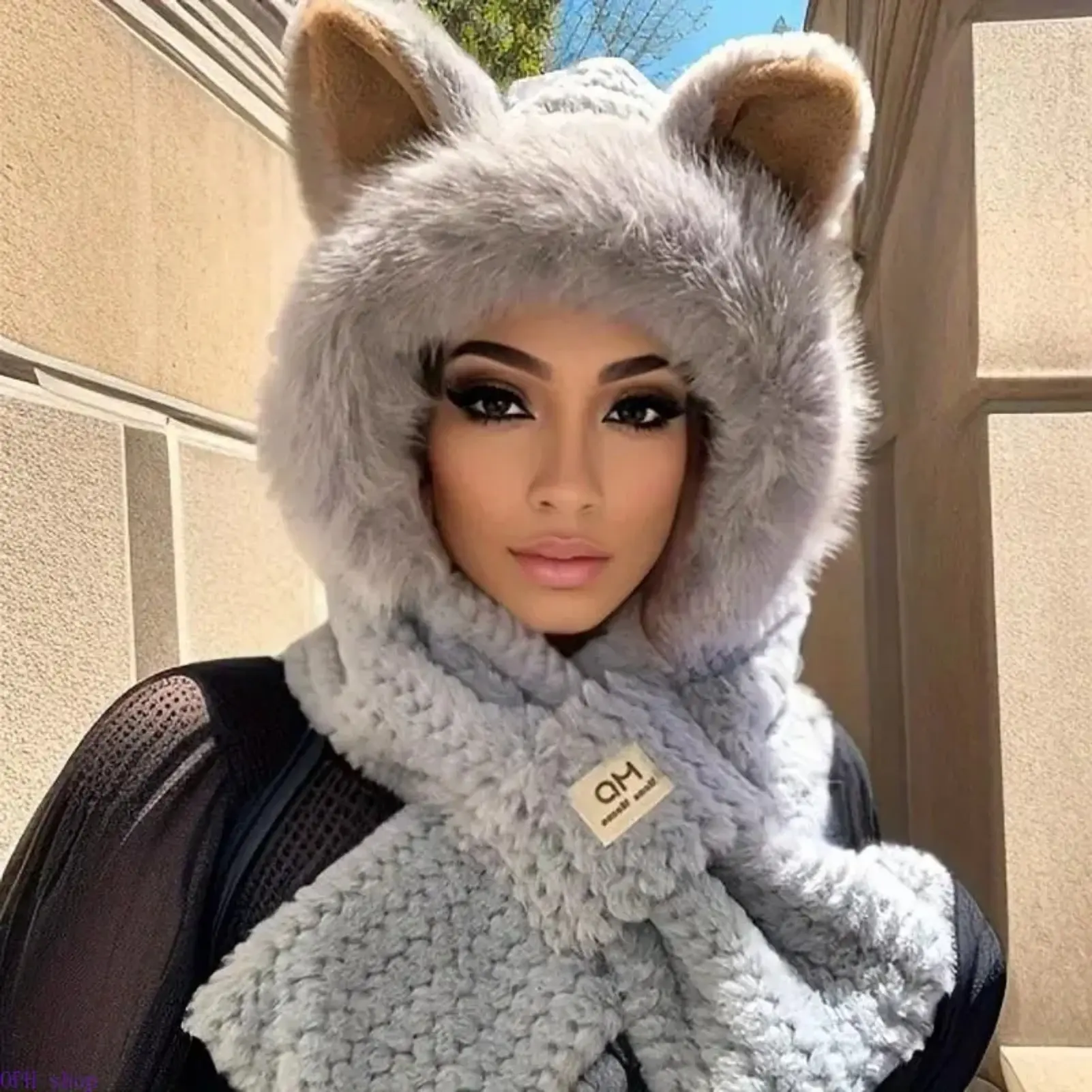 Unisex Upgraded Thick Plush Hooded Scarf Hat - Solid Color, Cute Ears, Fluffy Trim Neck Warmer, Windproof Warm Head-Neck Accessory for Men & Women, Fall Winter Daily Casual Outdoor Wear, Everyday, Heavyweight, Plain