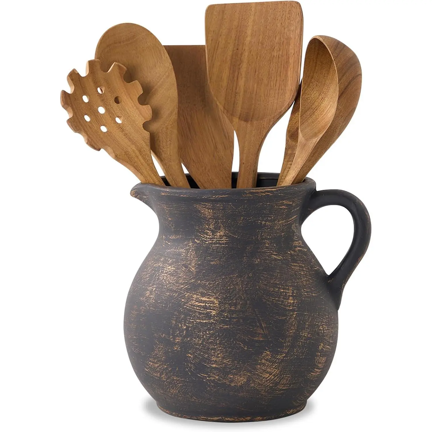 Rustic Kitchen Utensil Holder - 7.6 Inch Ceramic Utensil Crock for Countertop,  Kitchen Counter Decor