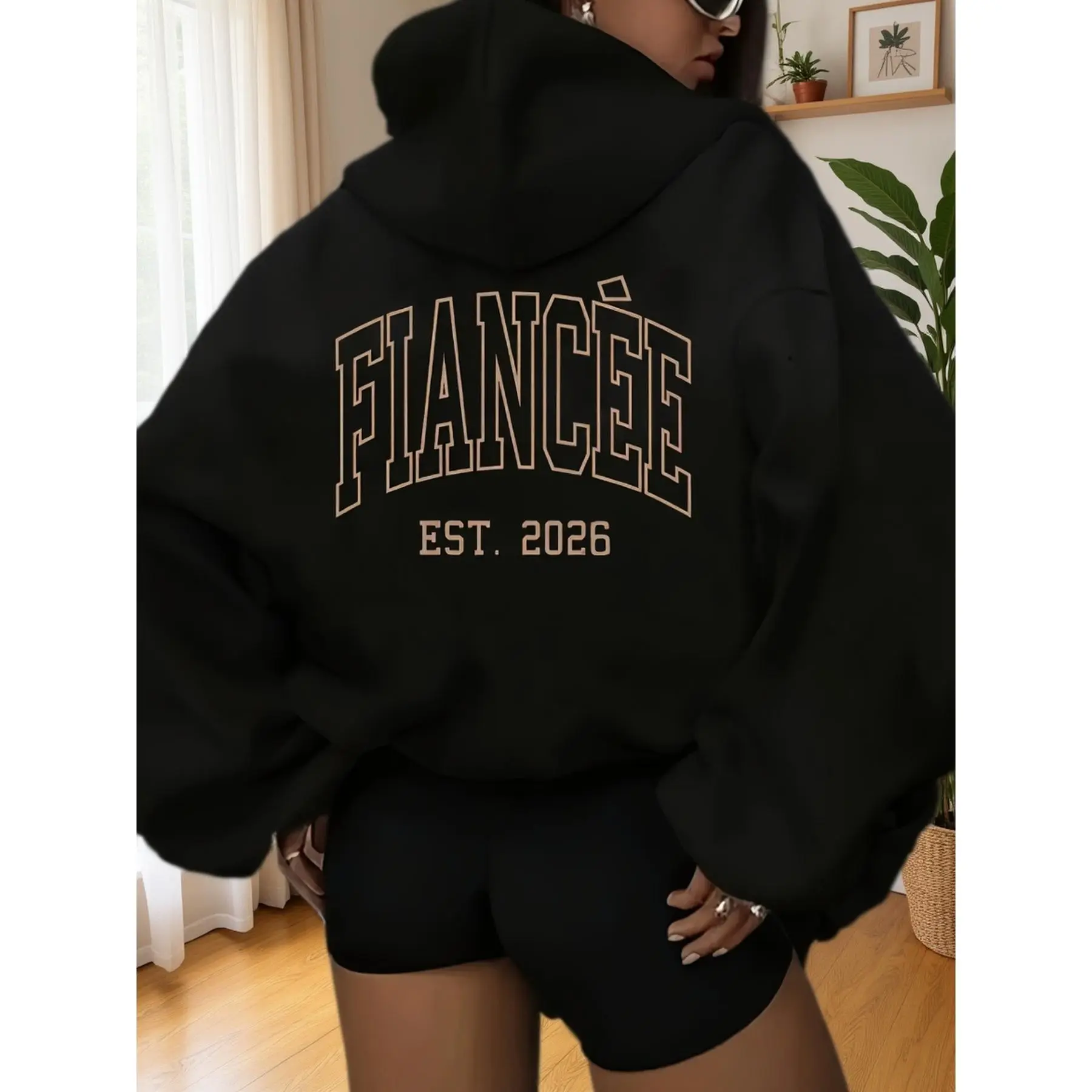 Black Casual Hoodie for Women Featuring a Golden "FIANCEE" Print  - a Comfortable Pullover Sweatshirt Perfect for Engagement Gifts, Casual Wear, And Cozy Clothing Made from Soft Fabric, Ideal for Brides-To-Be