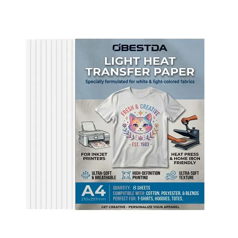 A4 Heat Transfer Paper for Inkjet Printer (8Sheets,8.27x11.69") Printable Heat Transfer Vinyl for T-Shirts Iron On Transfers Creative Friendly
