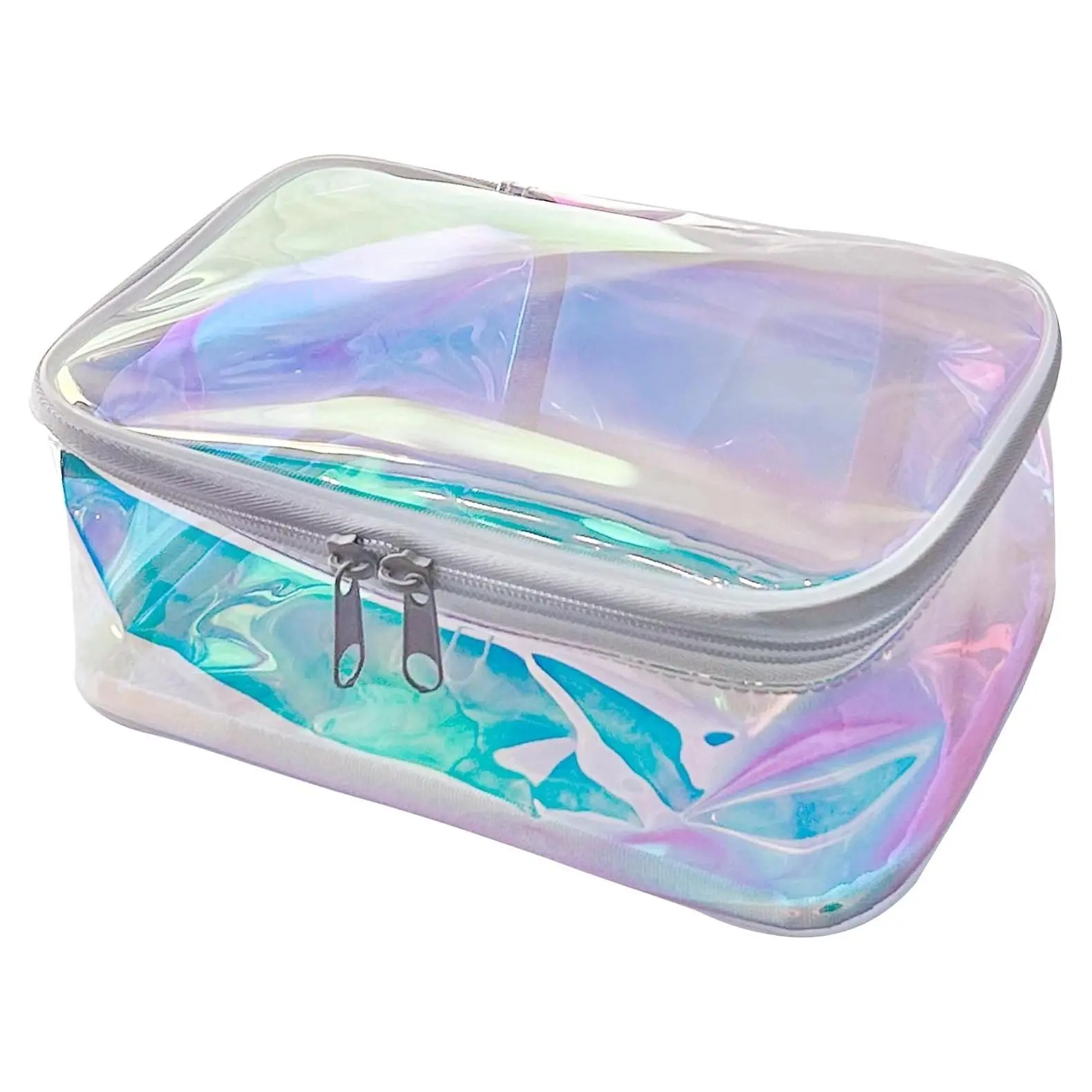 TPU Holographic Clear Makeup Bags Bulk, Portable Waterproof Cosmetic Travel Pouch with White Zipper for Women, Iridescent Zippered Toiletry Storage BagGift