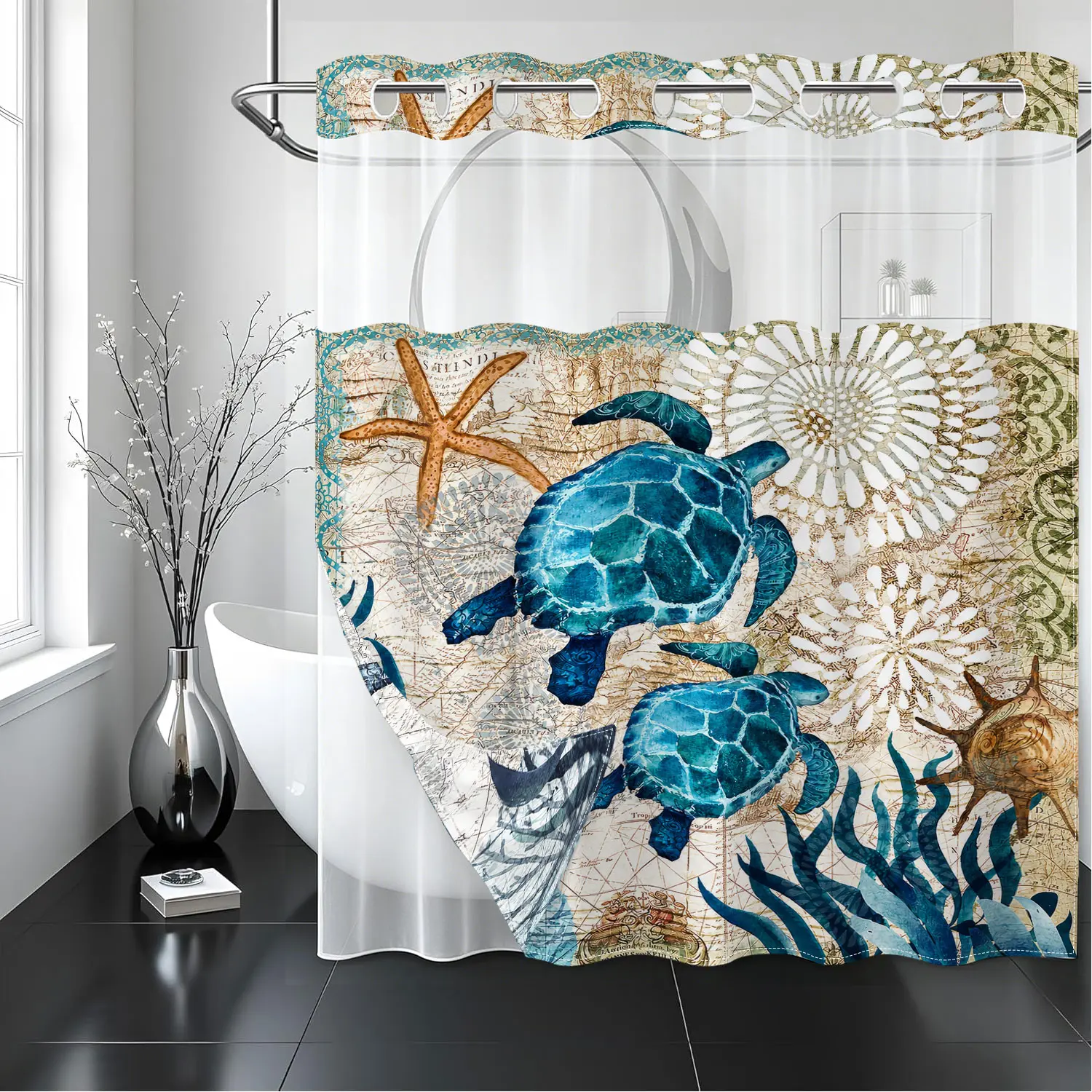 Ocean Sea Turtle Nautical Shower Curtain, 2-in-1 Hookless Double Layer Shower Curtain | Waterproof & Mildew Resistant | Vintage Ocean Map, Blue Sea Turtle & Starfish Design | Easy Install Rings
