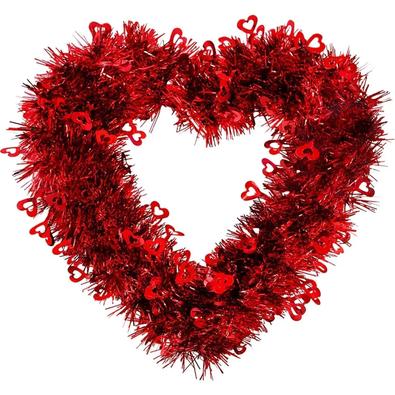 Red Tinsel Heart-Shaped Wreath with Shiny Foil Love Heart Door Hanger, Plastic Synthetic Garland, Modern Home Festive Decor for Valentine's Day Proposal, Wedding Anniversary Front Door Wall Window Mantel