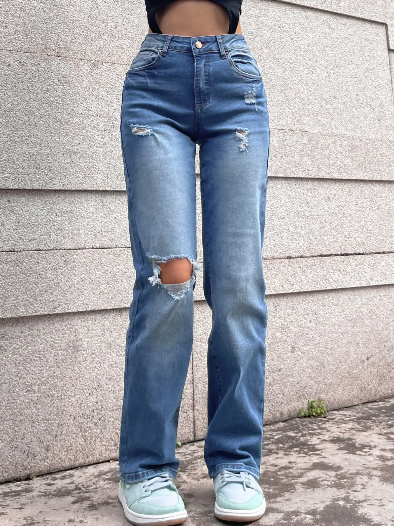 GILIPUR High Waist Multi‑Ripped Straight Leg Jeans, Light Blue Washed Frayed Distressed Pants, European Street Trendy Casual Versatile Denim Pants