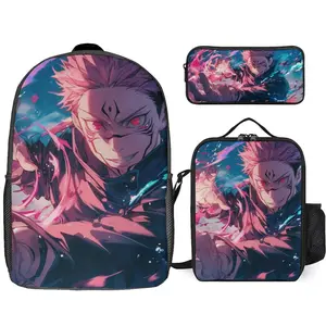 Jujutsu Anime Kaisen Ryomen Sukuna Backpack Set, 3 Piece Backpack Set With Lunch Box Pen Box , High Capacity Bookbag Lunch Bag Pencil Case Workplace Travel