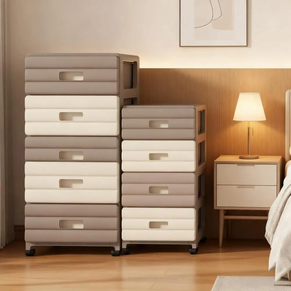 Five-Tier Drawer Home Storage Cabinet with Wheels, Narrow Design Fits Bedside Gaps, Silent Wheels, Thick PP Material, Ideal for Small Bedrooms