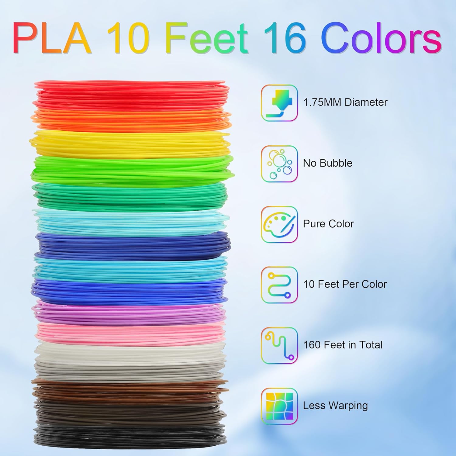 3D Pen 3D Printer PLA Filament Refill, 1.75mm PLA Filament Pack, High-Precision Diameter Filament, Each Color 10 Feet, Total 160 Feet Lengths, Great PLA Printing Sample Pack, Flashforge, Anycubic