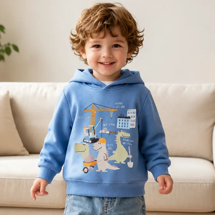（Please Check Size Chart）Toddler Boys Dinosaur Construction Crew Graphic Hoodie, Cute Crane and Building Site Cartoon Long Sleeve Pullover Sweatshirt, Casual Kids Top for School, Playtime, Travel and Daily Wear