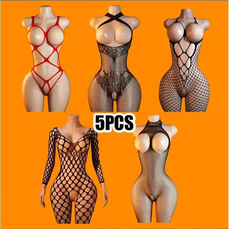 5 Packs Women Fishnet Bodysuits Mesh BodyStocking Fishnet Lingerie Long Sleeve Bodysuits One Piece Jumpsuit
