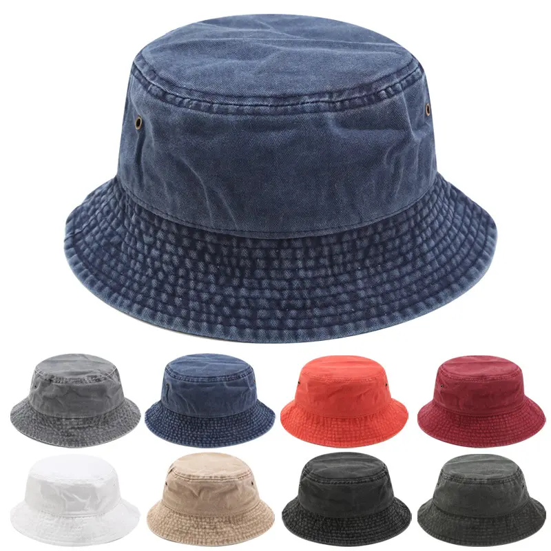 Vintage Washed Grey Denim Bucket Hat - Distressed Cotton Fisherman's Cap with Metal Eyelets, Portable, Foldable, Solid Color for Female Casual Sports, Summer Outdoor Use, Daily, Plain, Beach, Retro