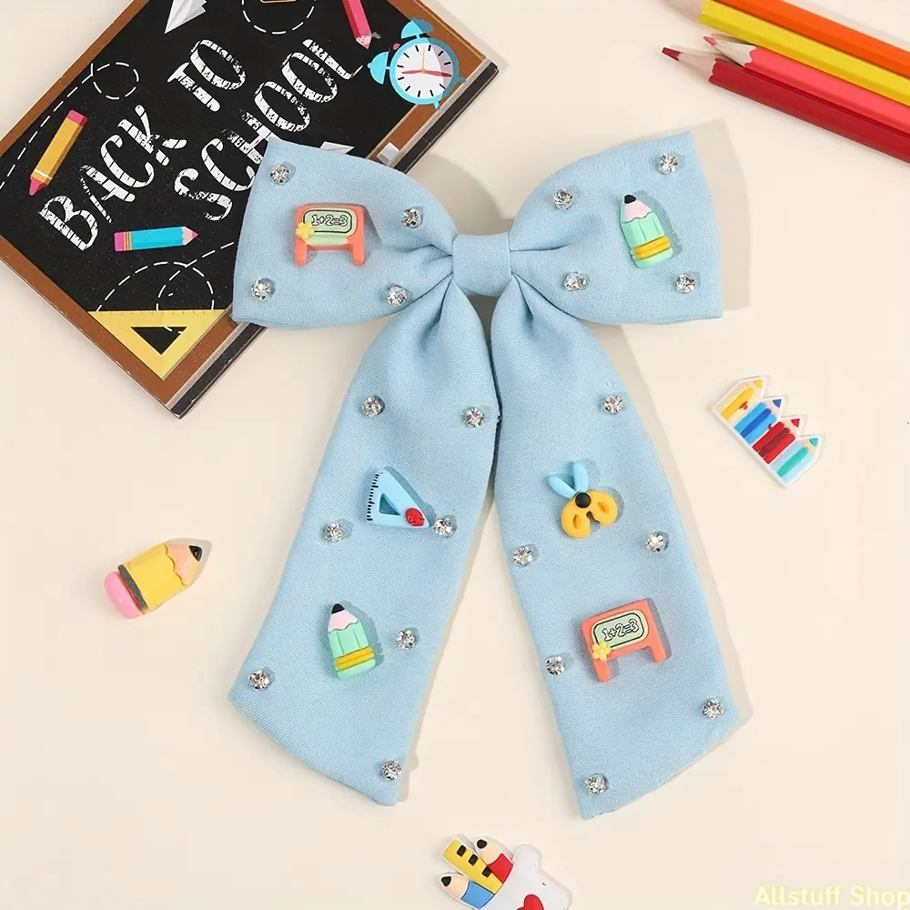 [Bow Hair Clips] 1pc Back to School Bow Hair Clips for Girls Pencil Chalkboard Ruler Decor Hairpins Long Tassel Fashion Creative Hair Accessories for Girls Homecoming