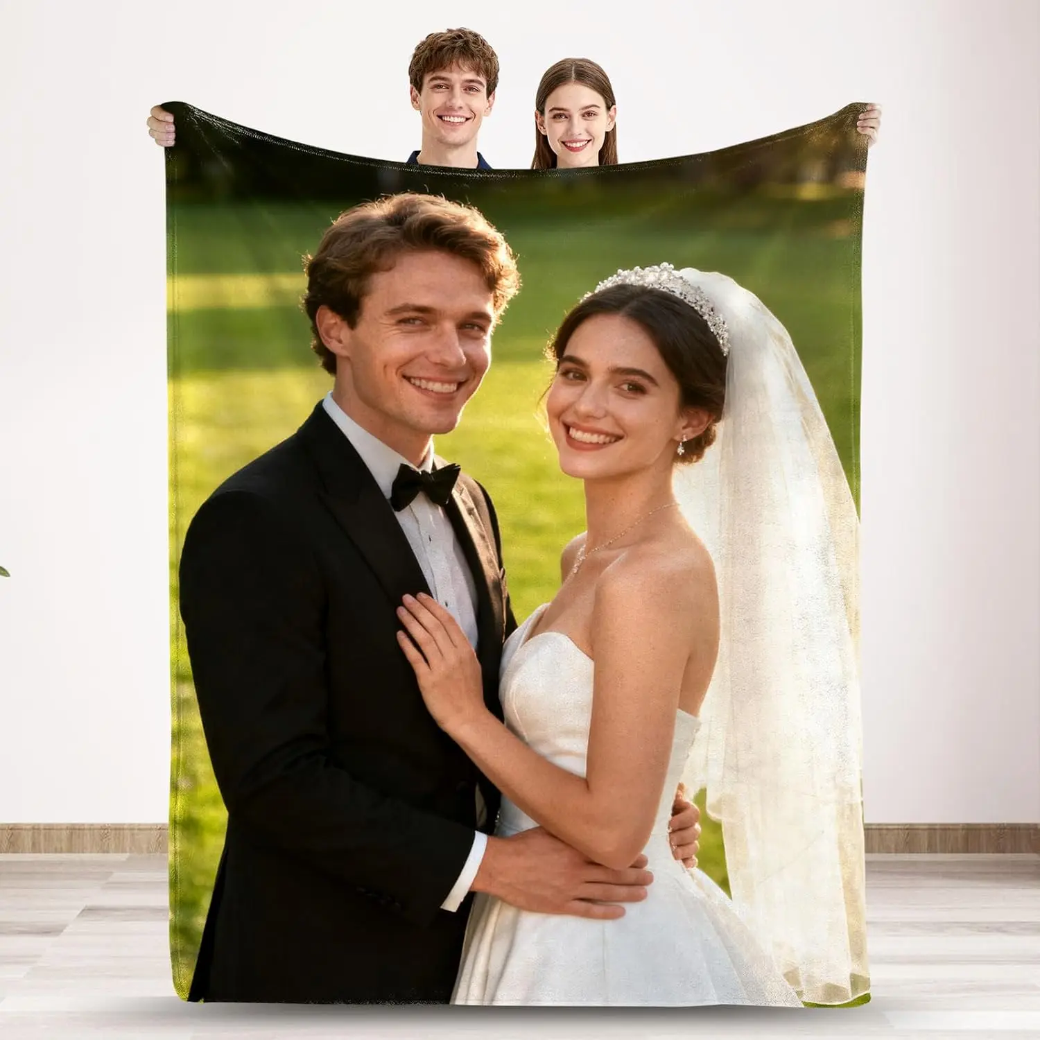 Personalized Wedding Photo Flannel Throw Blanket, Full Print Vertical Couple Wedding Blanket, Soft Cozy Warm Blanket for Newlyweds, Anniversary, Engagement & Romantic Home Decor Gift
