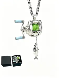 Mini Fishing Reel Necklace, Rotating Handle, Detachable Line Ring, Portable Lure Pendant, Fisherman Gift, Cuban Chain