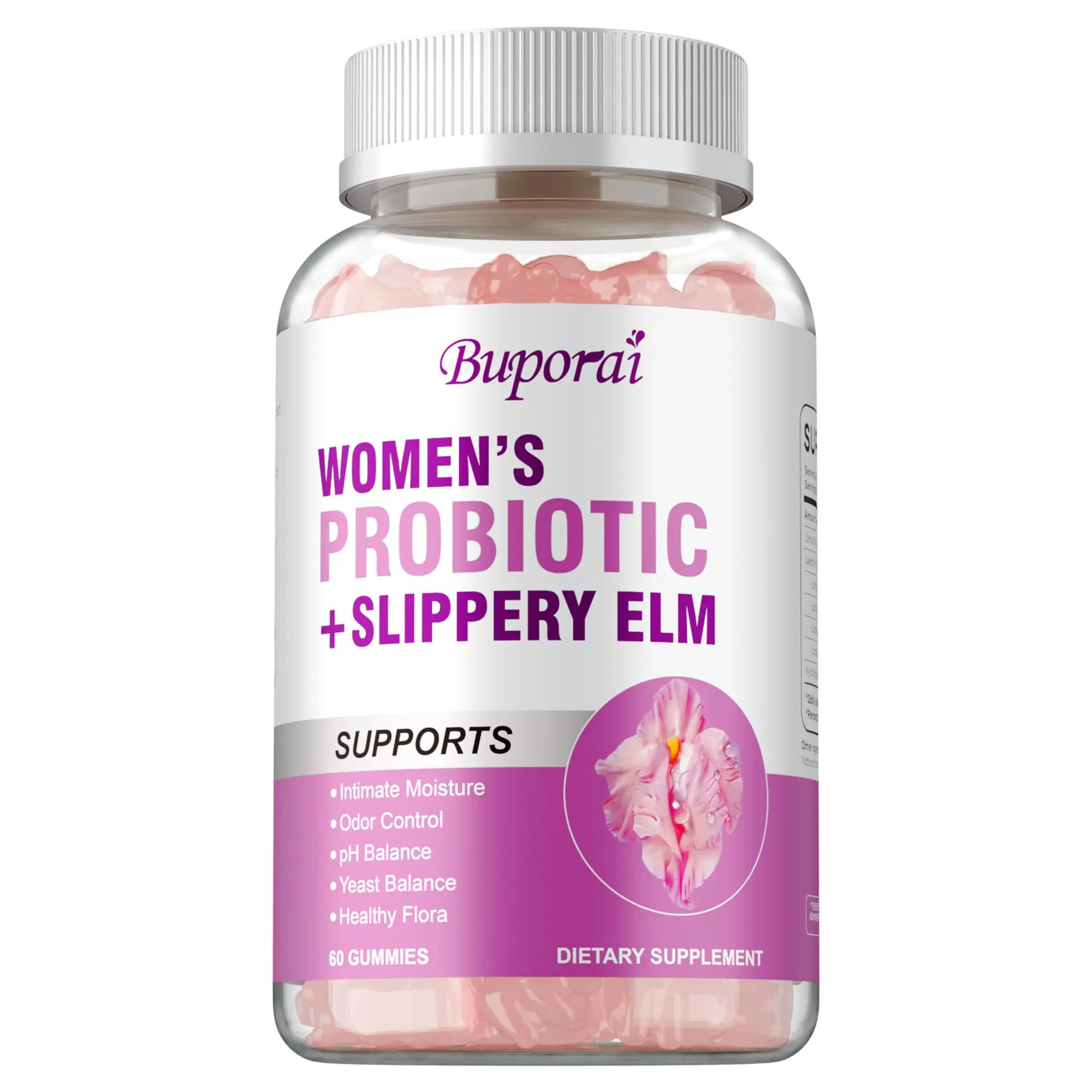 Buporai Women's Probiotic Gummies - Slippery Elm Bark-Enriched, 60-Count Bottle for Gut Balance & Overall Health, Convenient to Take, Probiotics