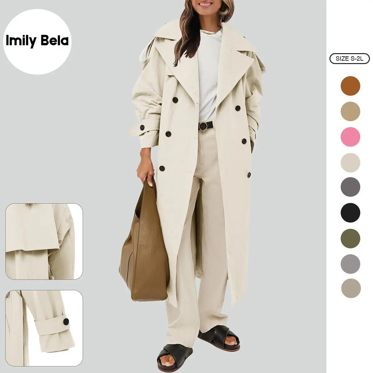 Imily Bela Womens Oversized Long Trench Coat Double Breasted Lapel Windproof Overcoat with Belt Imily Bela Womens Oversized Long Trench Coat Double Breasted Lapel Windproof Overcoat with Belt