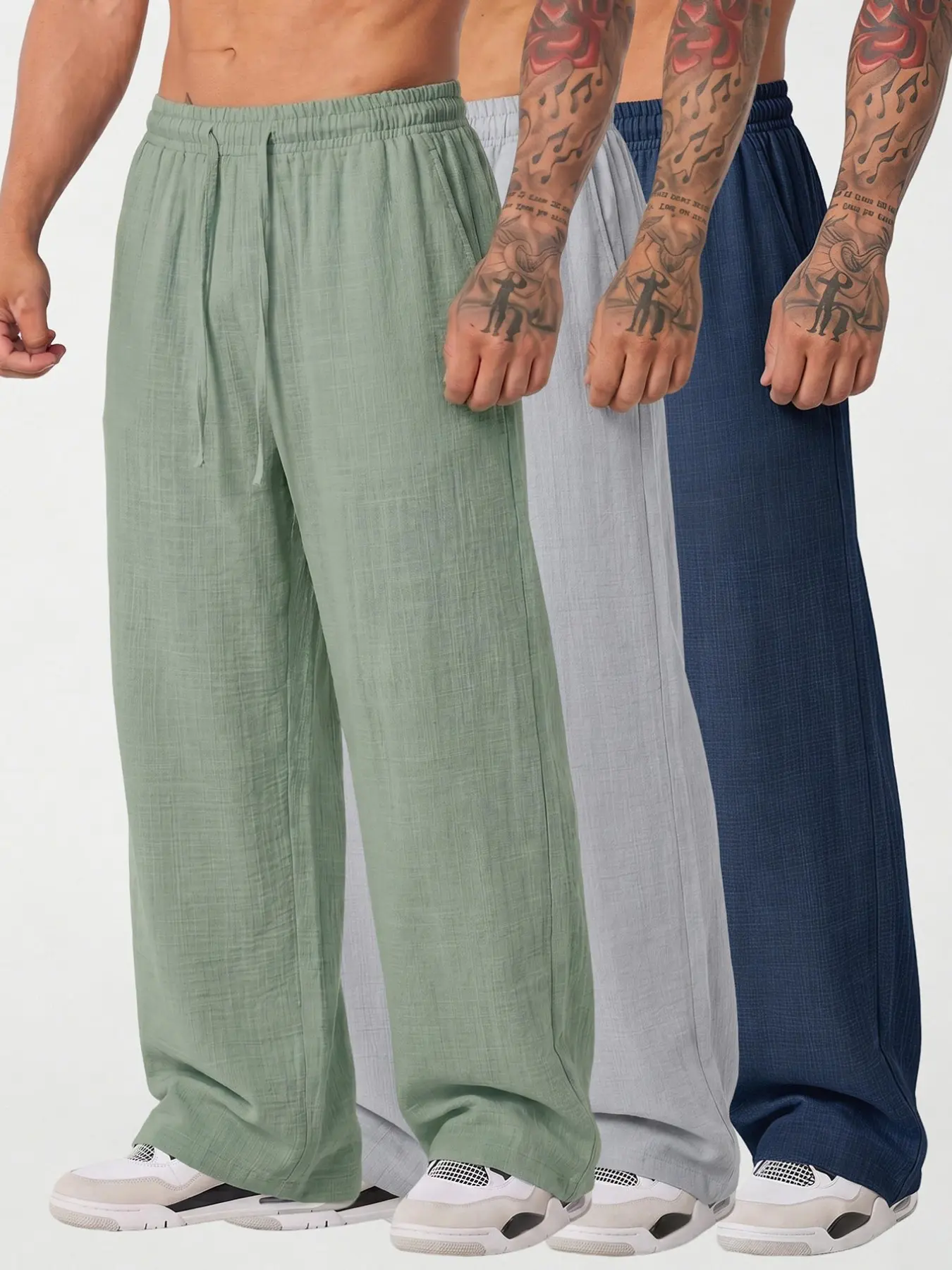 3-Pack Men's Lightweight Linen-Style Wide-Leg Pants, Elastic Waist Breathable Comfort Trousers for Summer Casual Vacation