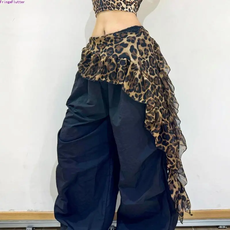 Leopard Print Jazz Dance Hip Scarf – Ruffled & Streamer Layered Waist Wrap for Street Dance