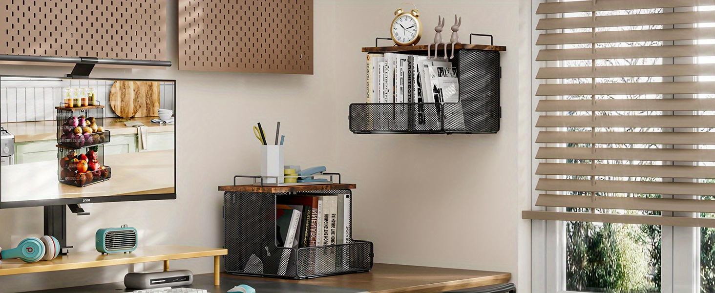 2-Pack Fruit Basket Wire Basket, Stackable Wall-Mounted Countertop Kitchen Counter Organizer for Snacks, Fruits and Vegetables Storage, Onion and Potato Hanging Basket with Wooden Lid