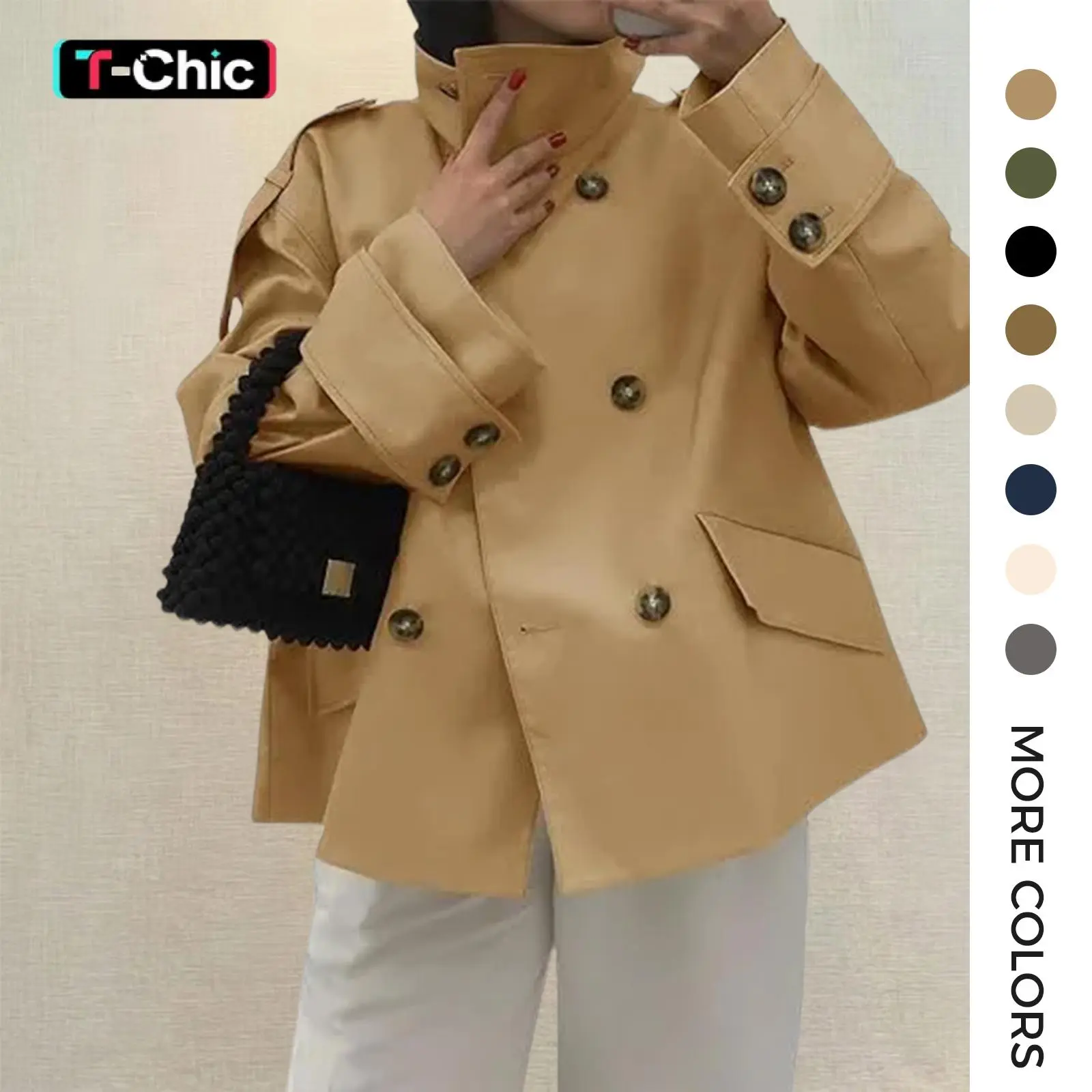 Tankaneo Women's Collared Oversized Double-Breasted Cropped Trench Coat - Long Sleeve Basic Lady's Casual Work Outerwear, Women's Tops & Jackets