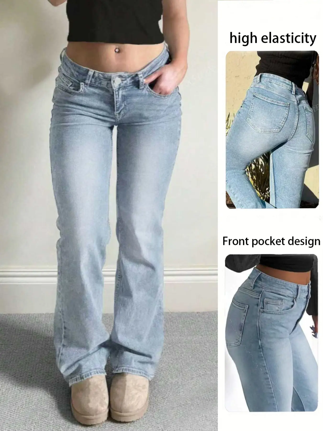 Fashion Casual Daily Women's High Elastic Denim Low Waist Rivet Bell Bottom Pants, Stylish and Comfortable, Perfect for Everyday Wear