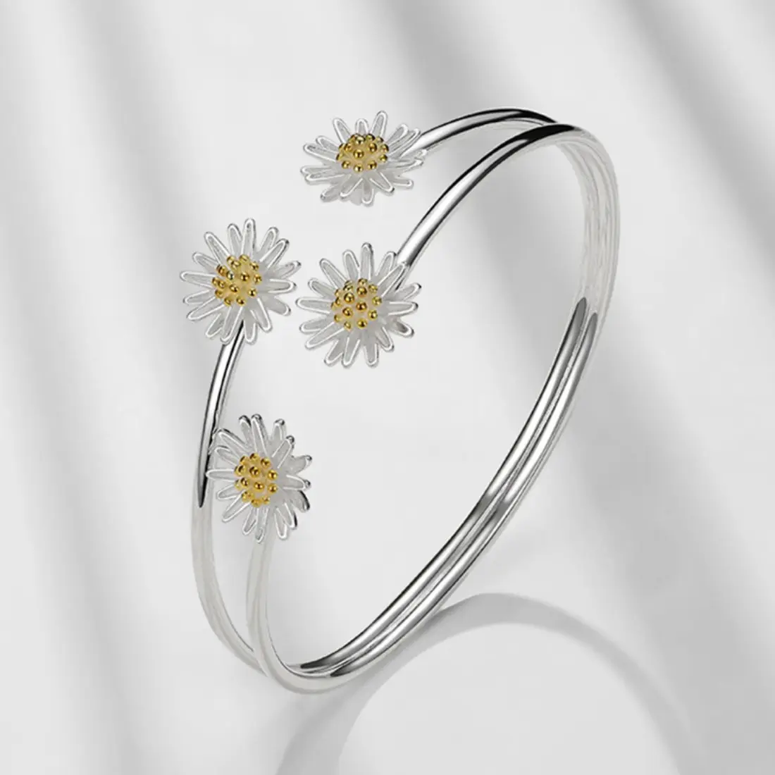 Daisy Flower Cuff Bracelet for Women, Open Adjustable Floral Branch Bracelet, Elegant Silver Tone Four Flower Design Jewelry, Minimalist Nature Inspired Fashion Accessory for Daily Wear & Gifts