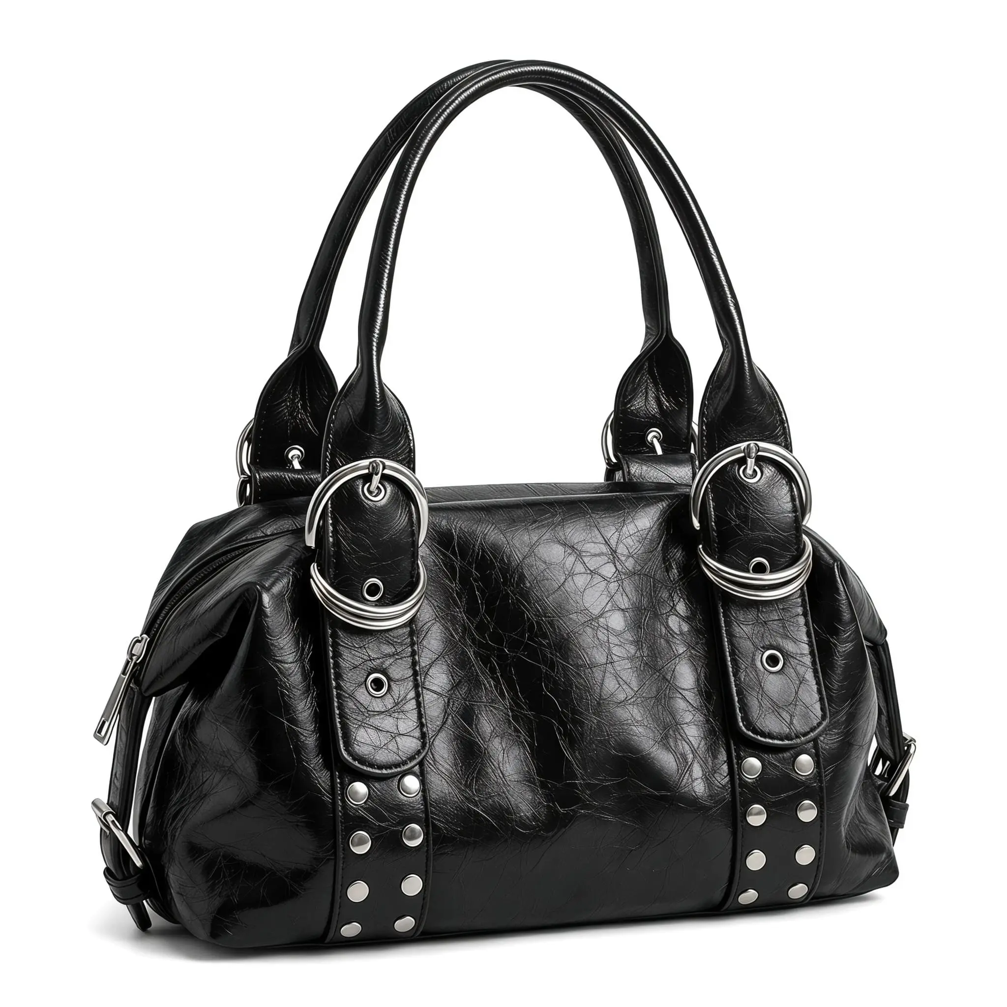 Women's Y2K Effortless Chic Moto Shoulder Bag - Riveted Crinkled Leather Biker Handbag, Large Capacity Edgy Underarm Purse for Daily Commute & City Street Style