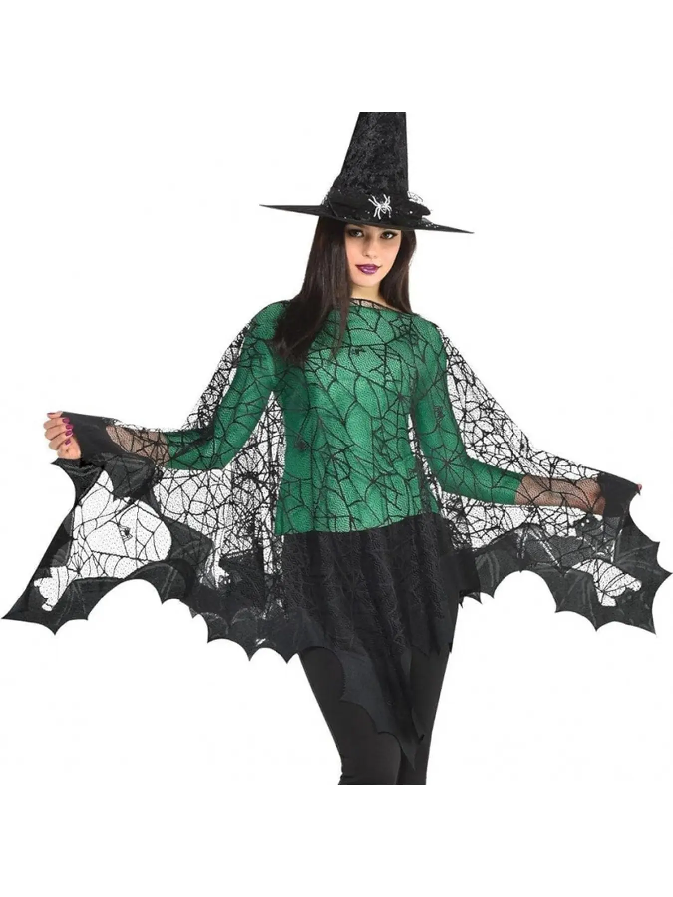 Black Lace Spider Web Bat Wing Cape Shawl, New Halloween Party Costume Accessory, Lightweight Fabric Bat Poncho for Cosplay Masquerade Dress Up Party Supplies