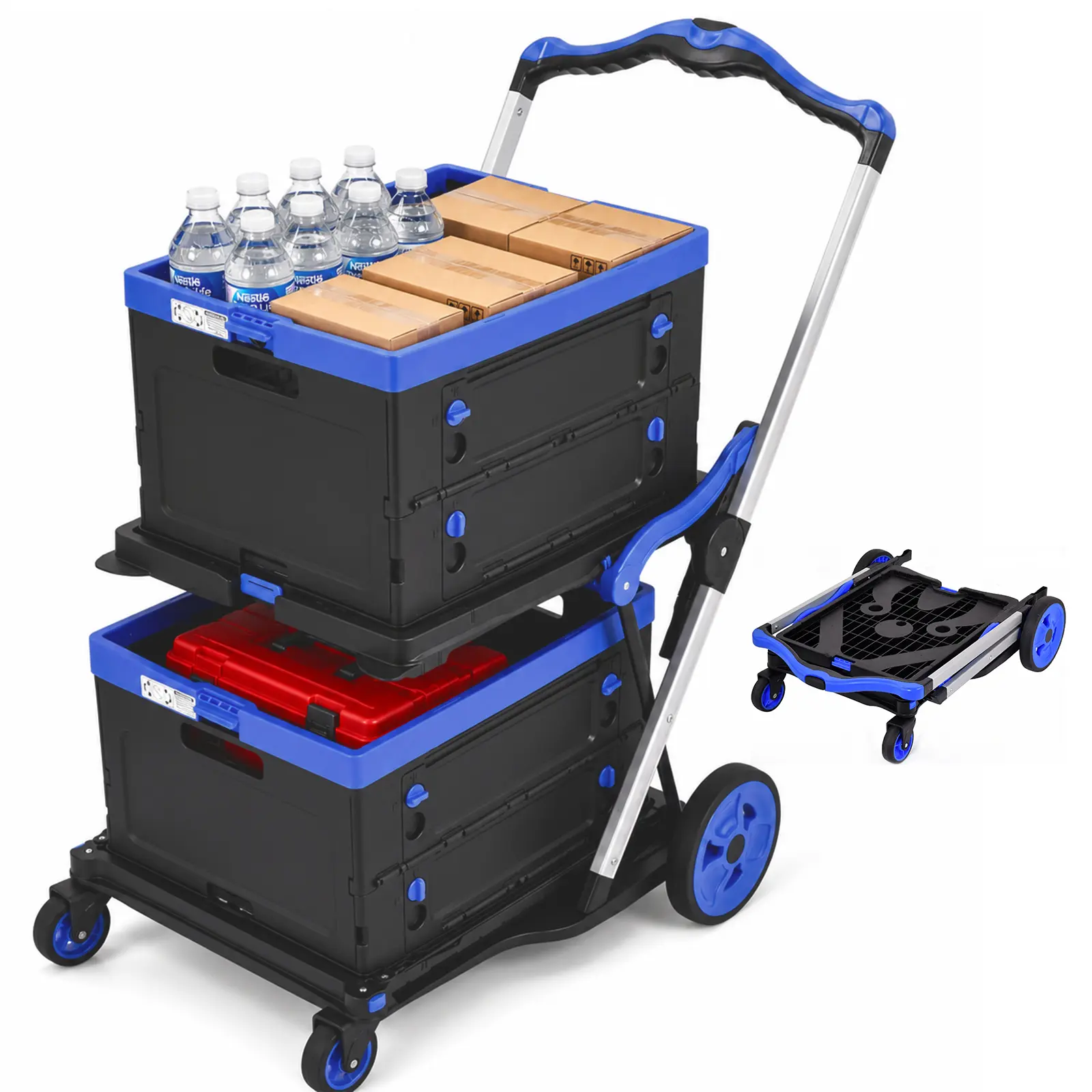Heavy-Duty Foldable Shopping Trolley, 2-Tier Grocery Cart on Wheels with 360-Degree Braked Swivel Wheels, 200lbs Load Folding Rolling Cart for Home, Warehouse Use, Portable Cart