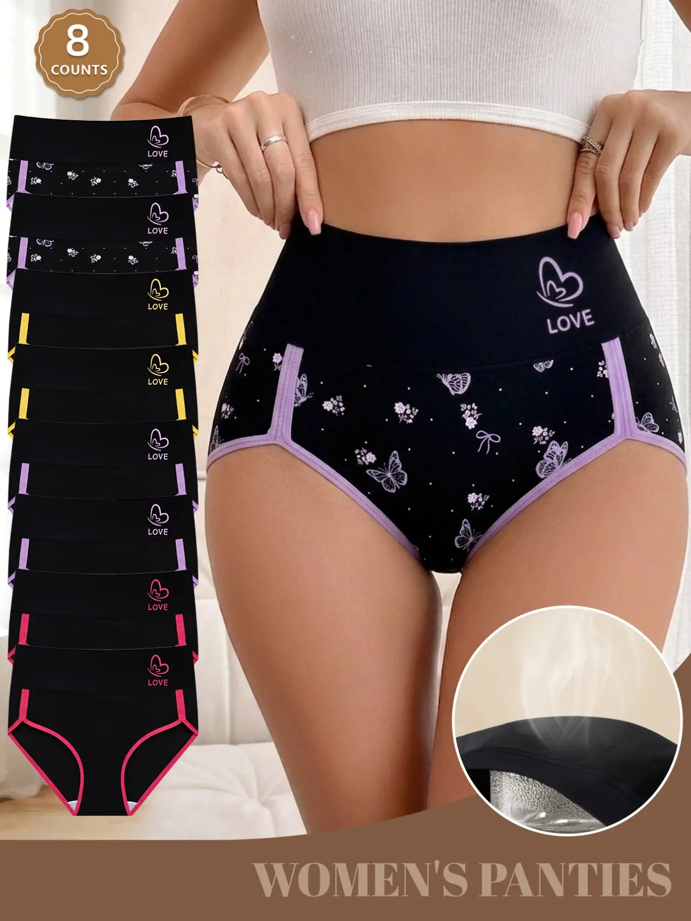 8-Pack Mei Yating High-Waisted Triangle Underwear Panties, S-Xxl, Colorblock Trim, Love Print, Soft Breathable, Stretchy, Curvy Fit, Casual Daily Wear