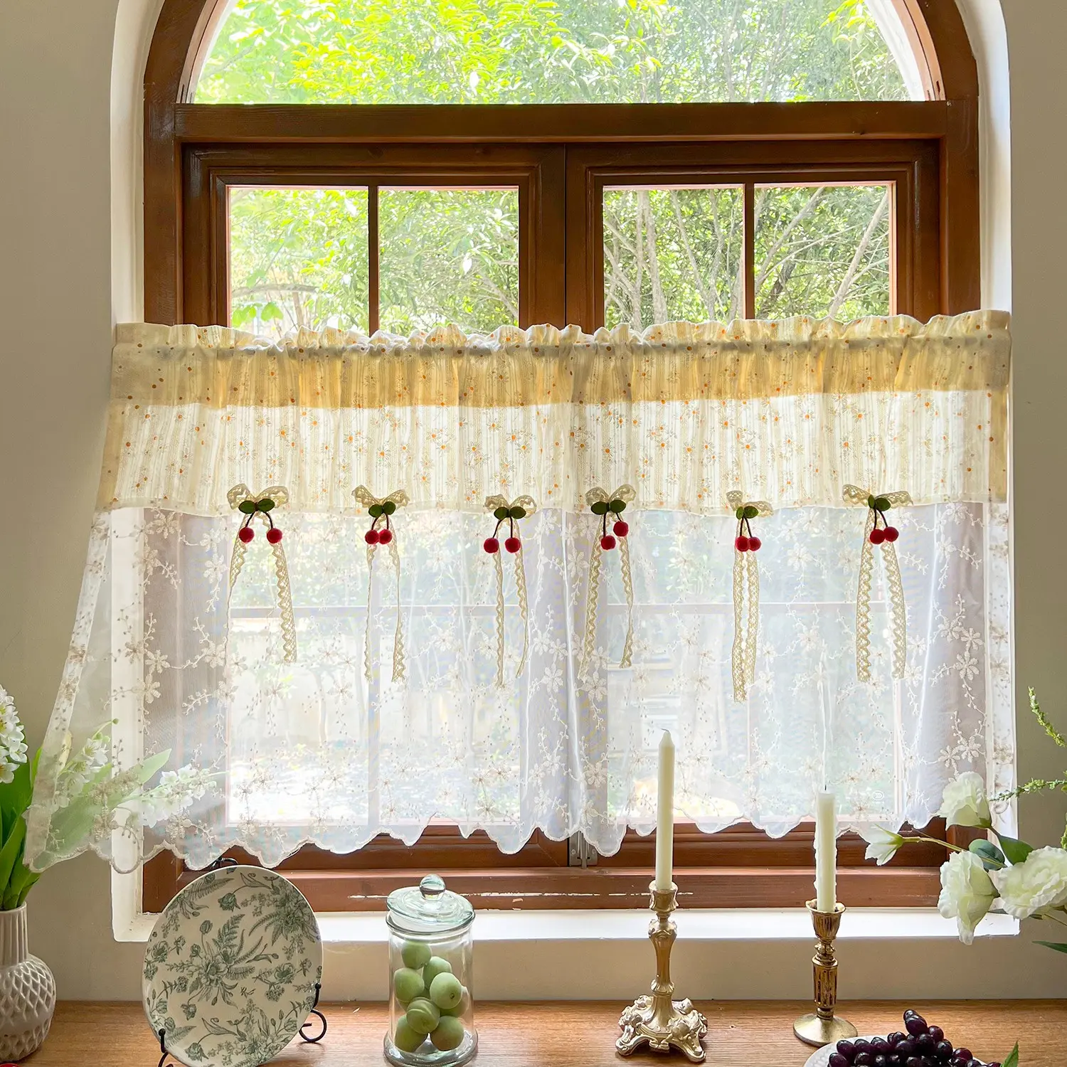 Cream Lace Cherry Cafe Curtain, Floral Sheer Short Curtains, Cottage Style Kitchen Curtains with Cherry Bow Decor, Elegant Home Décor, Curtain Valances