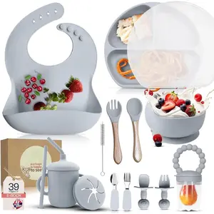 17-Piece BPA-Free Silicone Baby Feeding Set |   Thick & Soft Suction Plates, Baby Bowls, Wooden Fork & Spoon, and More |   Make Mealtime Fun and Easy  Your Little One (Grey, V2)